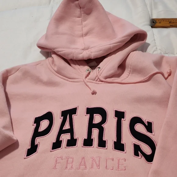Paris France Pink Hoodie Medium 20" PTP Embroidery Front Comfy Vintage - Picture 8 of 13